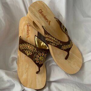 Sketchers Cali Sandals Size 10 Faux Wooden Wedge Beaded BOHO Thong Vintage